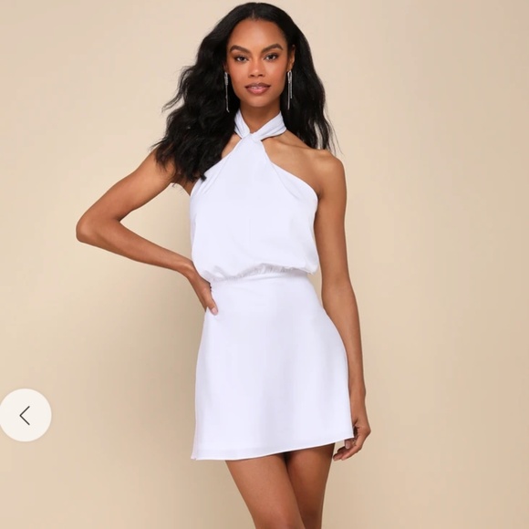 Lulus Sleek Essence White Satin Halter Sleeveless Mini Dress - Size S - Picture 1 of 3